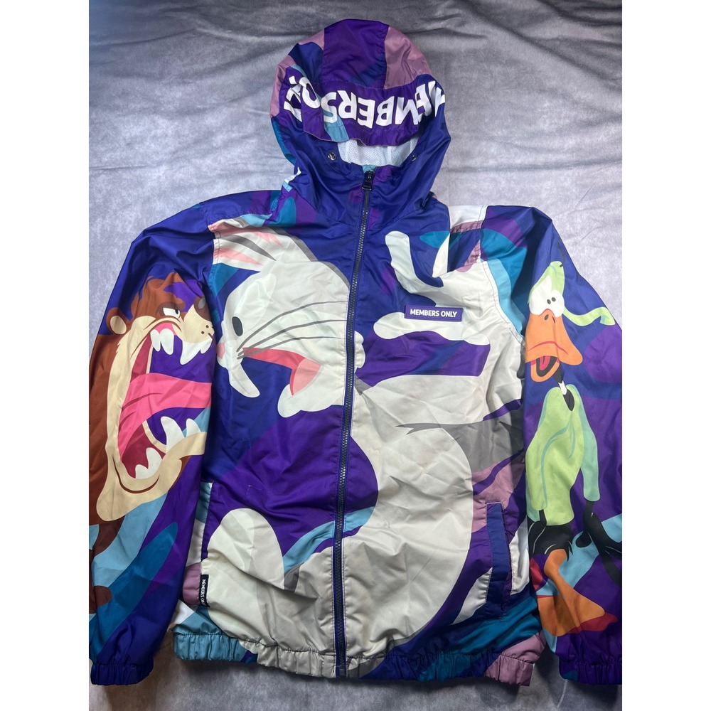 Members Only Windbreaker Jacket Mens Small Purple Looney Tunes Graphic Hooded